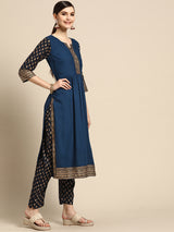 Blue Printed Rayon Suit Set