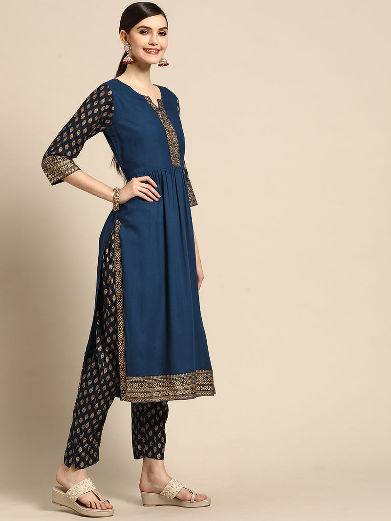 Blue Printed Rayon Suit Set
