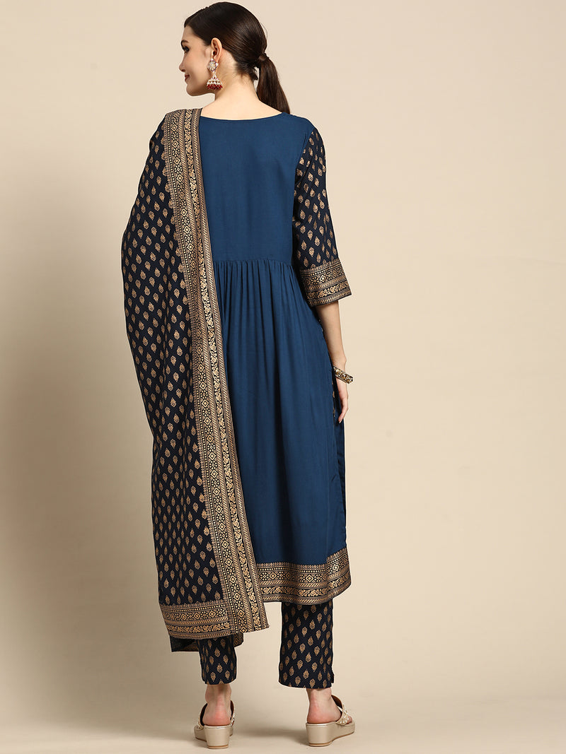 Blue Printed Rayon Suit Set