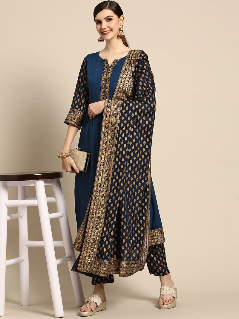 Blue Printed Rayon Suit Set