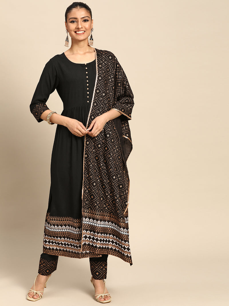 Black Solid Rayon Suit Set