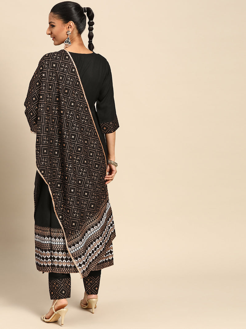 Black Solid Rayon Suit Set