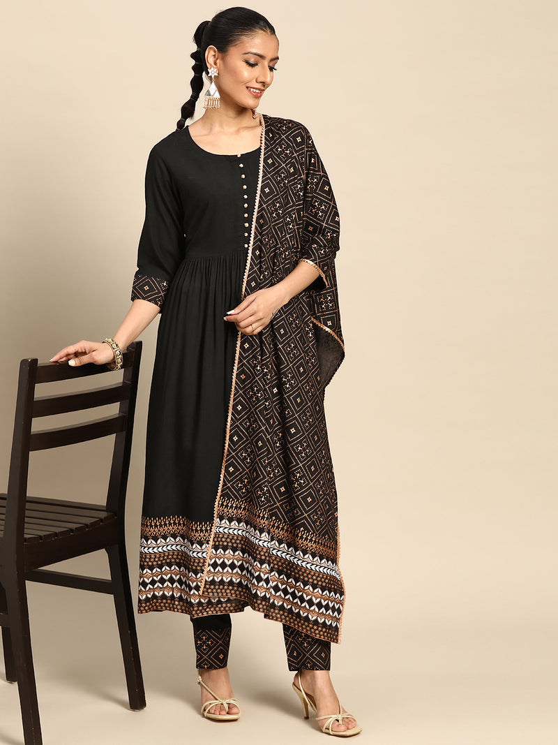 Black Solid Rayon Suit Set