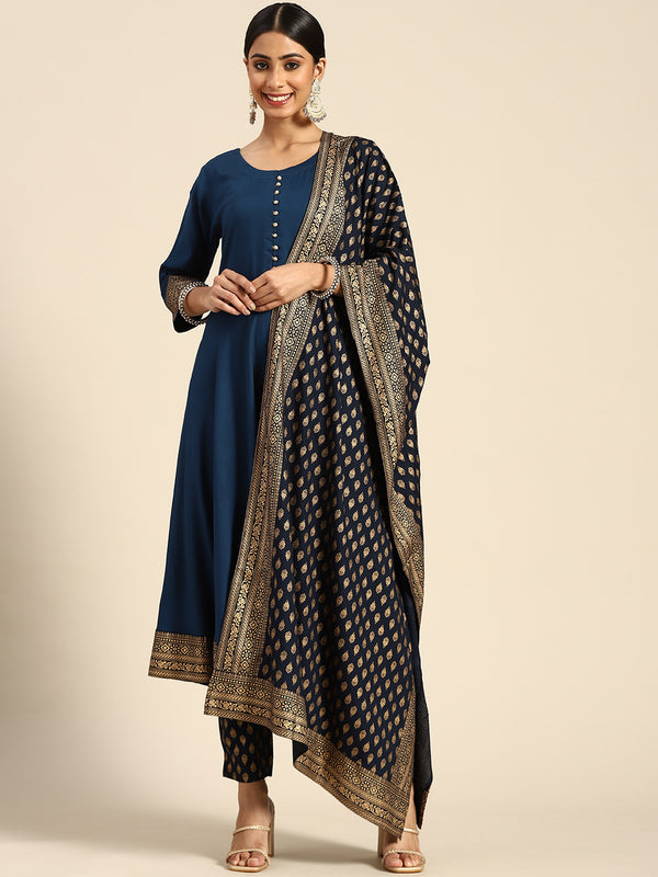 Blue Printed Rayon Suit Set