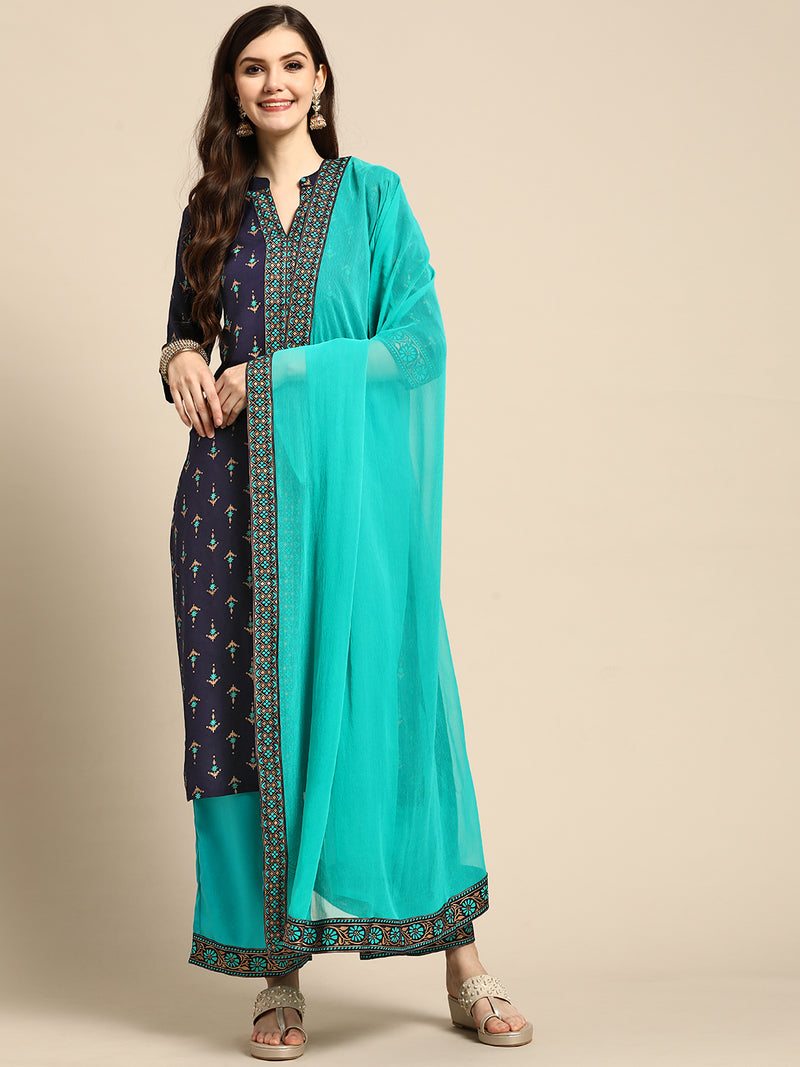 Blue Printed Rayon Suit Set