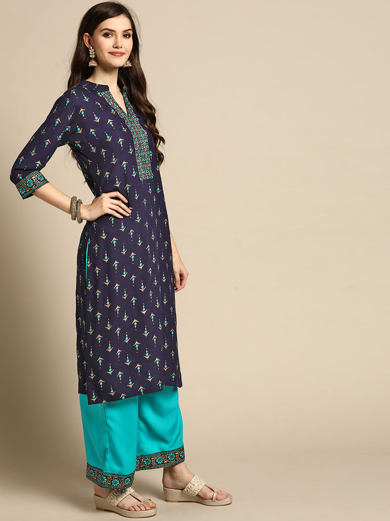 Blue Printed Rayon Suit Set