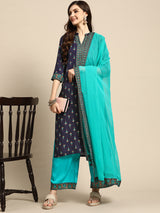 Blue Printed Rayon Suit Set