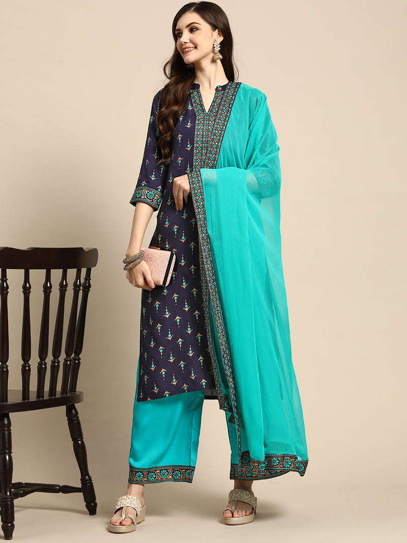 Blue Printed Rayon Suit Set