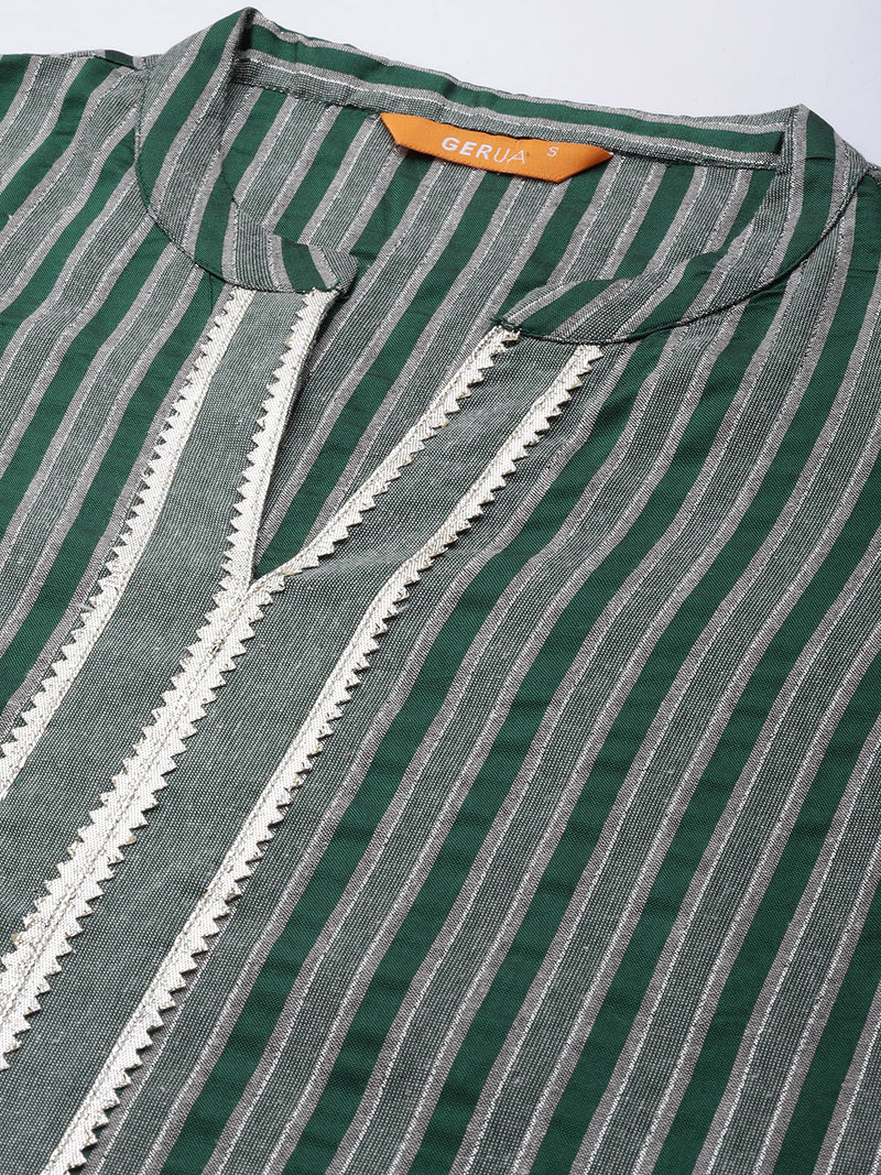 Green Striped Cotton Blend Suit Set