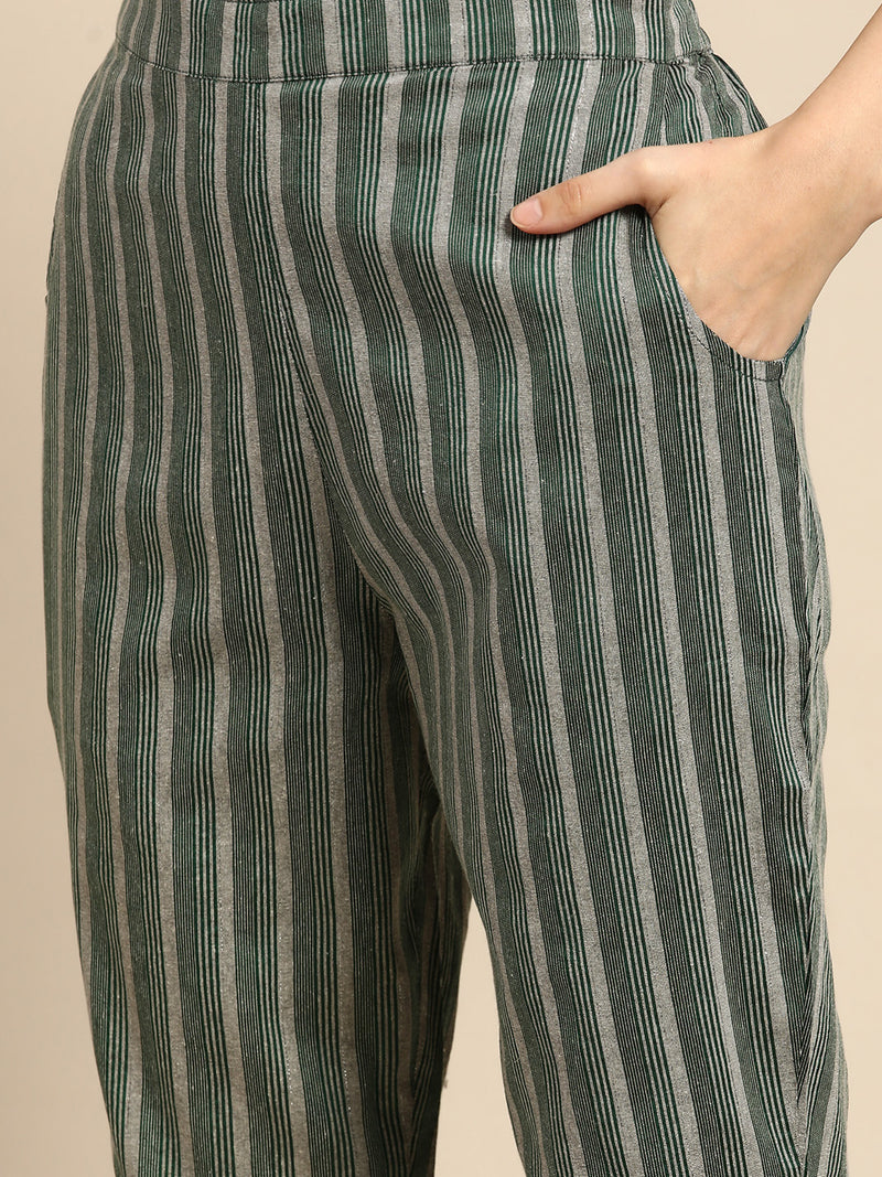 Green Striped Cotton Blend Suit Set