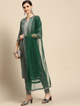 Green Striped Cotton Blend Suit Set