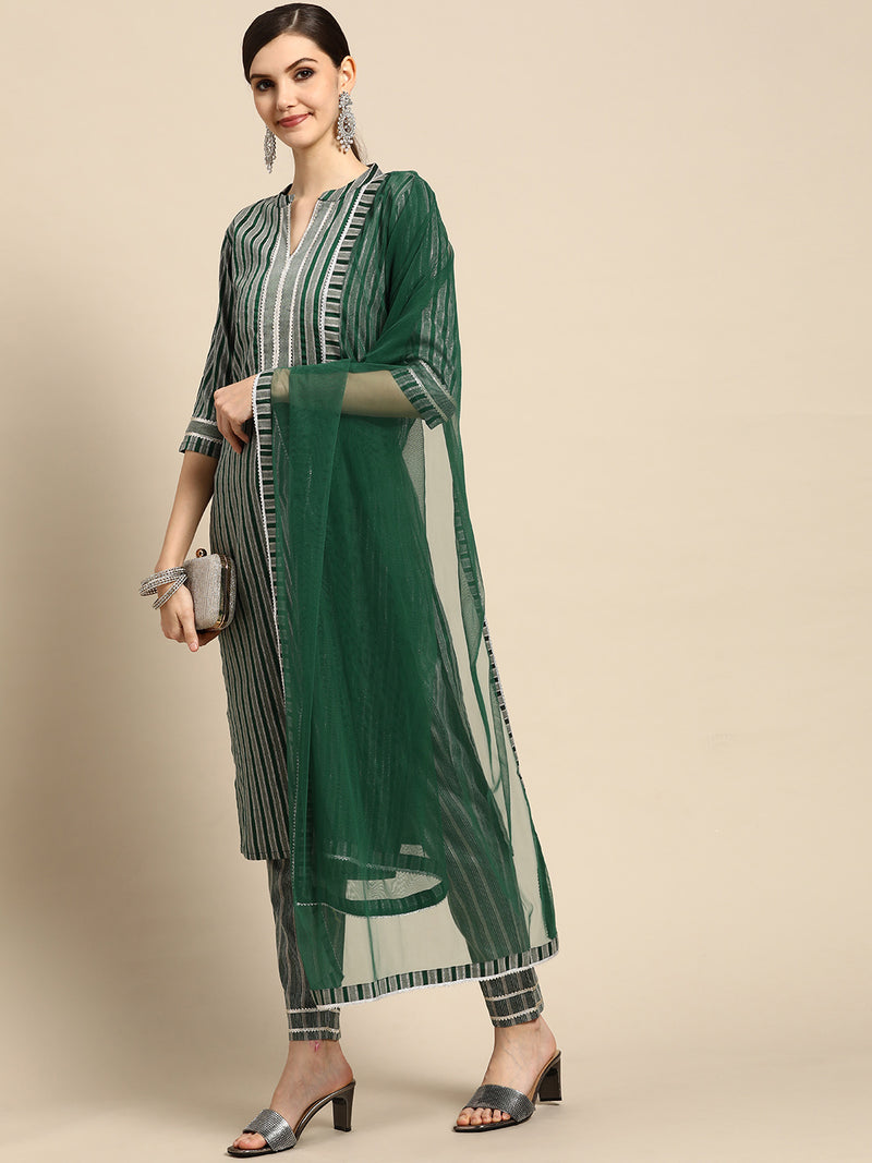 Green Striped Cotton Blend Suit Set