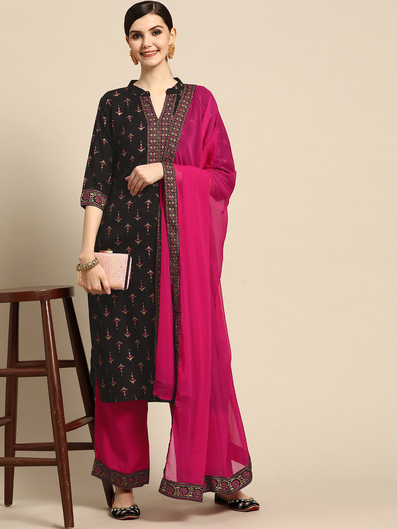 Black Printed Rayon Suit Set