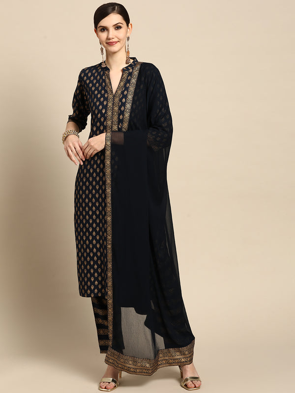 Blue Printed Rayon Suit Set