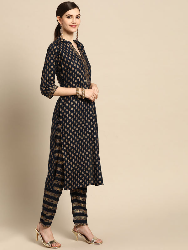 Blue Printed Rayon Suit Set