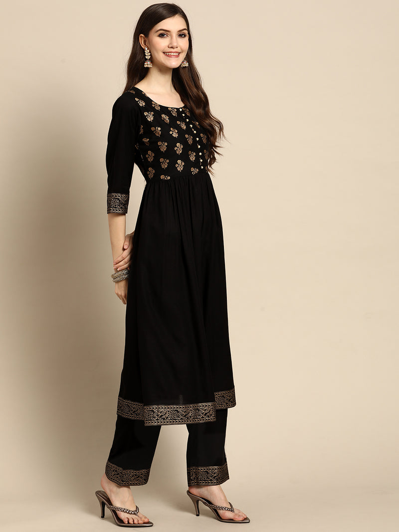 Black Yoke Design Rayon Suit Set