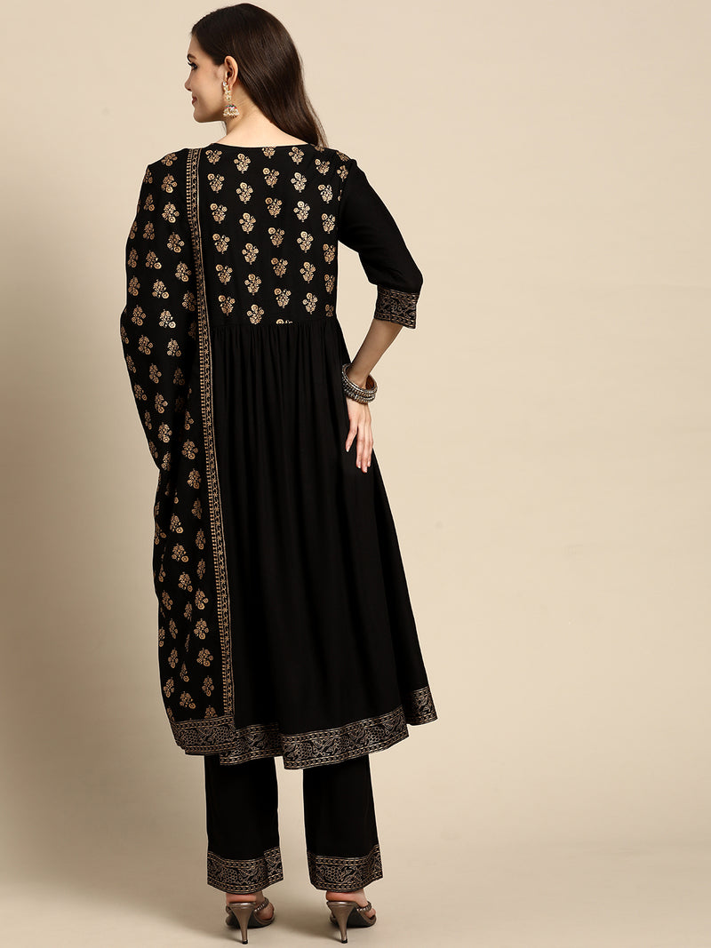 Black Yoke Design Rayon Suit Set