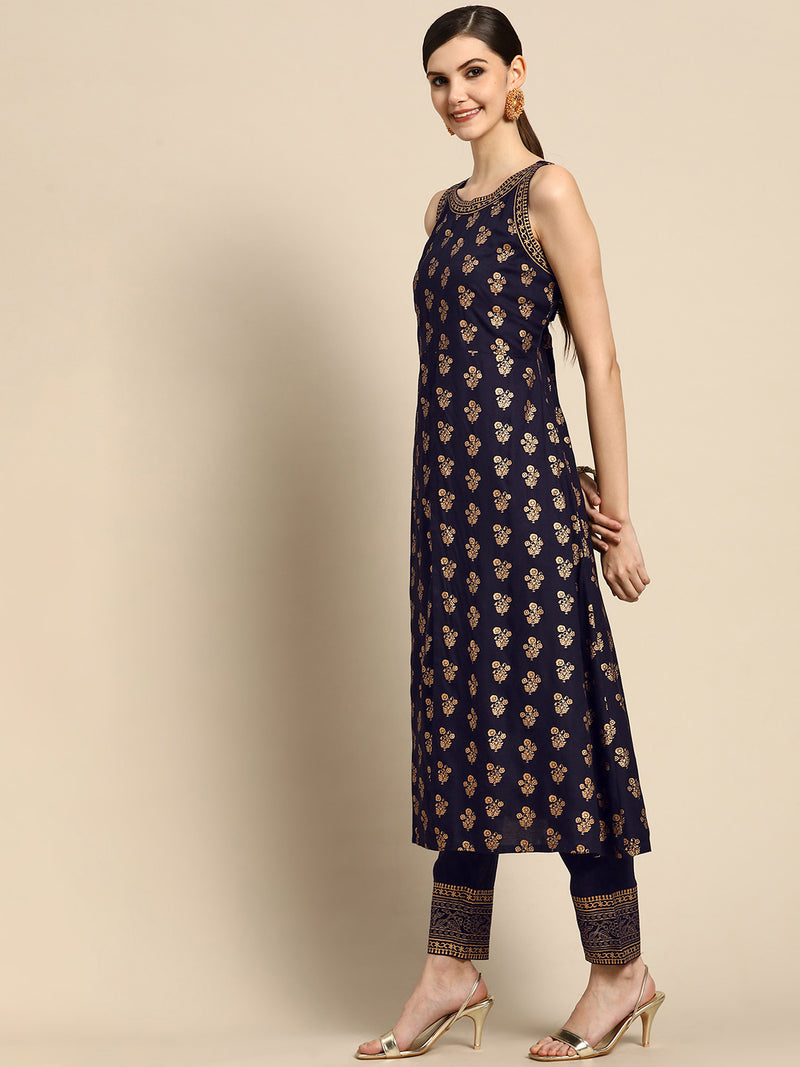 Blue Printed Rayon Suit Set