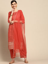 Red Printed Silk Blend Suit Set