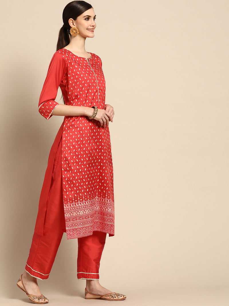 Red Printed Silk Blend Suit Set