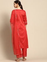 Red Printed Silk Blend Suit Set