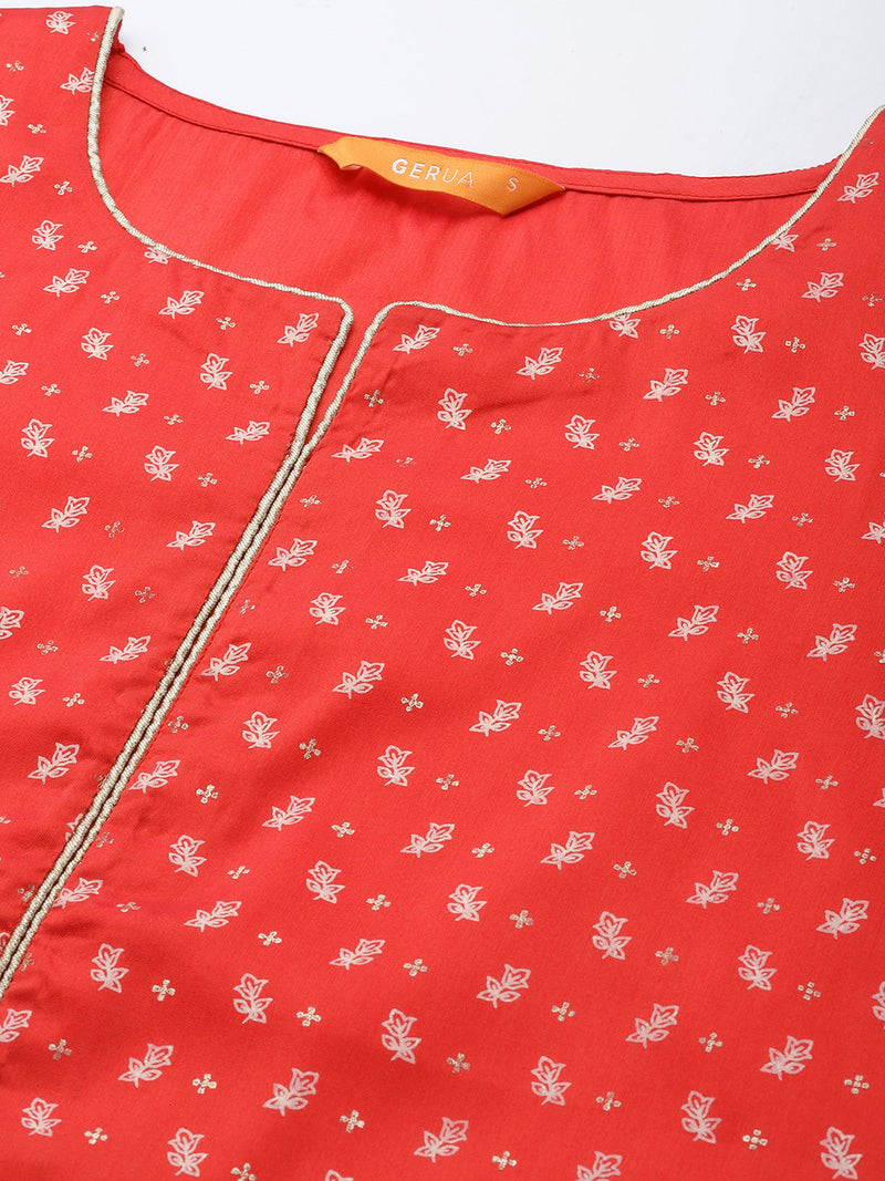 Red Printed Silk Blend Suit Set