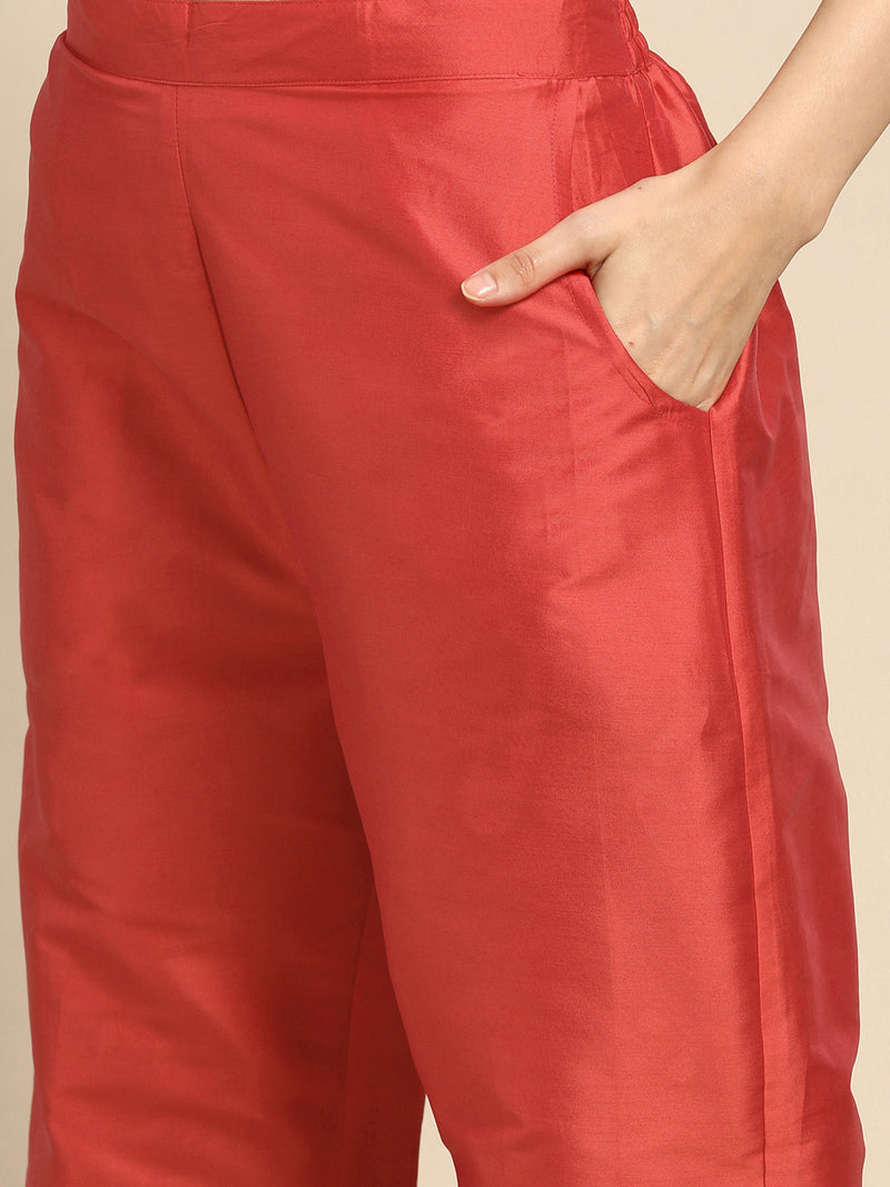 Red Printed Silk Blend Suit Set