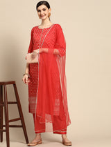 Red Printed Silk Blend Suit Set