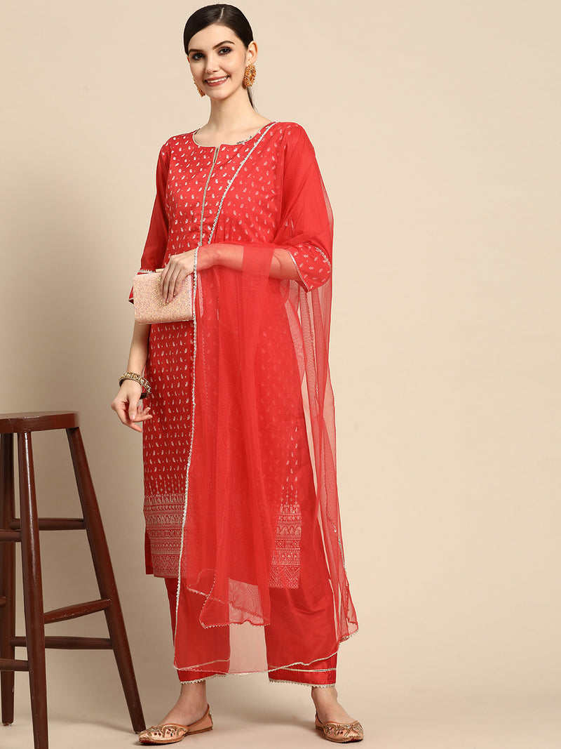 Red Printed Silk Blend Suit Set
