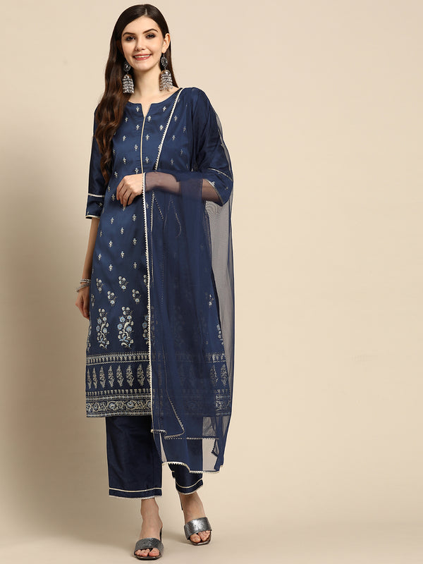 Blue Printed Silk Blend Suit Set