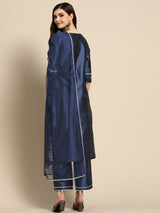 Blue Printed Silk Blend Suit Set