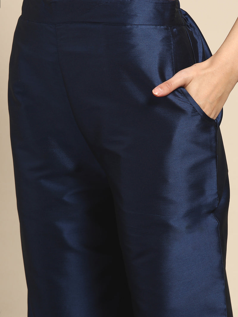 Blue Printed Silk Blend Suit Set
