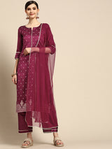 Purple Printed Silk Blend Suit Set