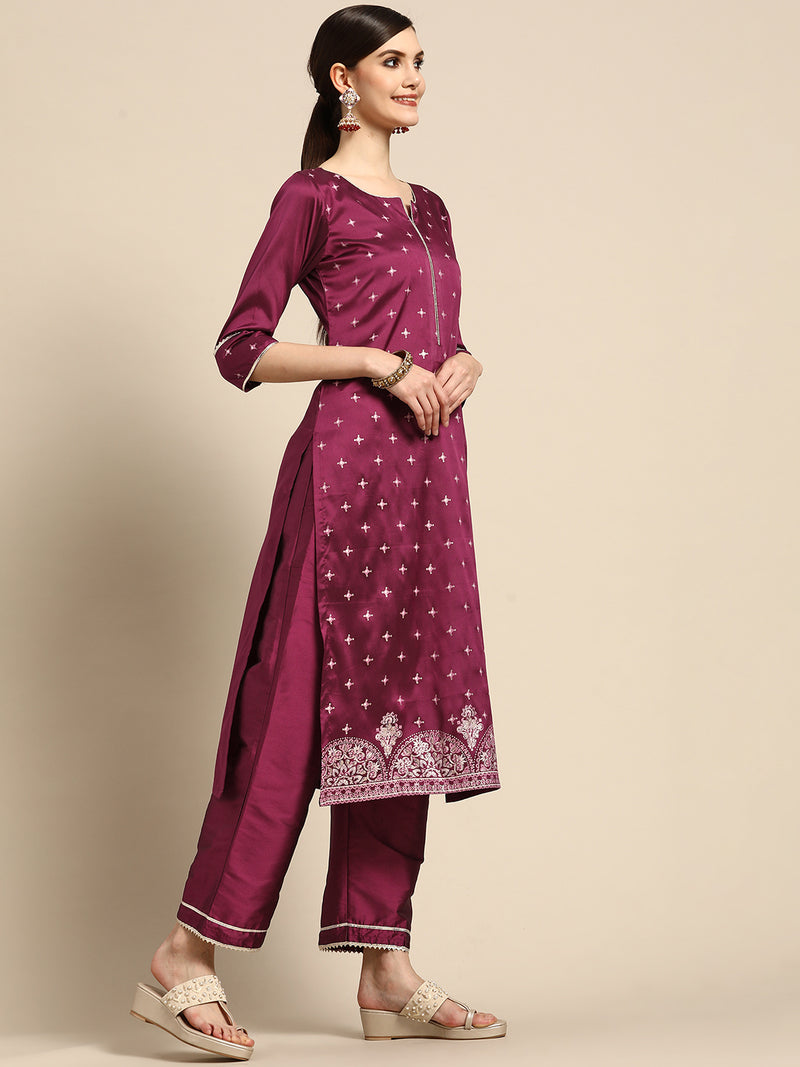 Purple Printed Silk Blend Suit Set