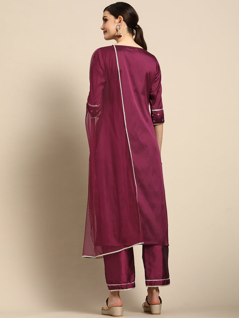 Purple Printed Silk Blend Suit Set