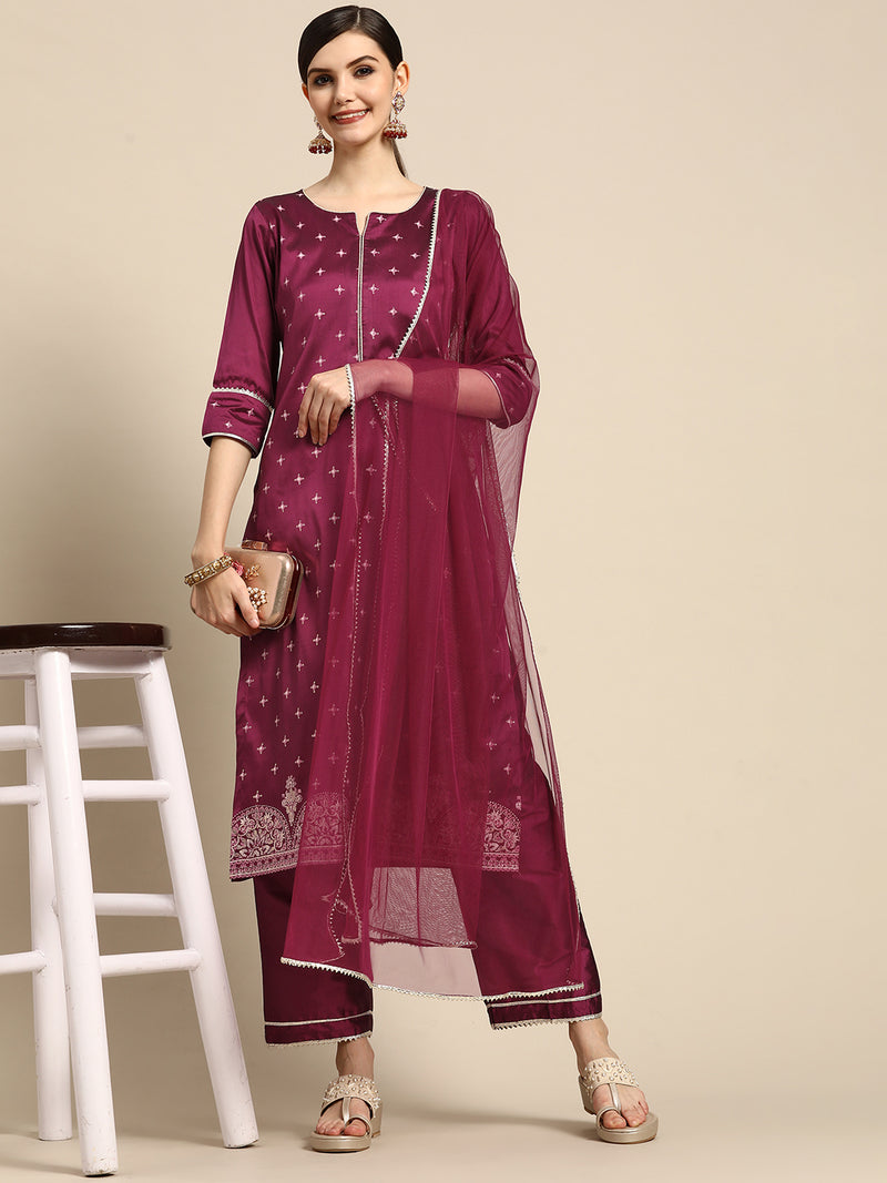 Purple Printed Silk Blend Suit Set