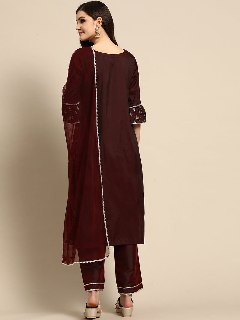 Maroon Printed Silk Blend Suit Set