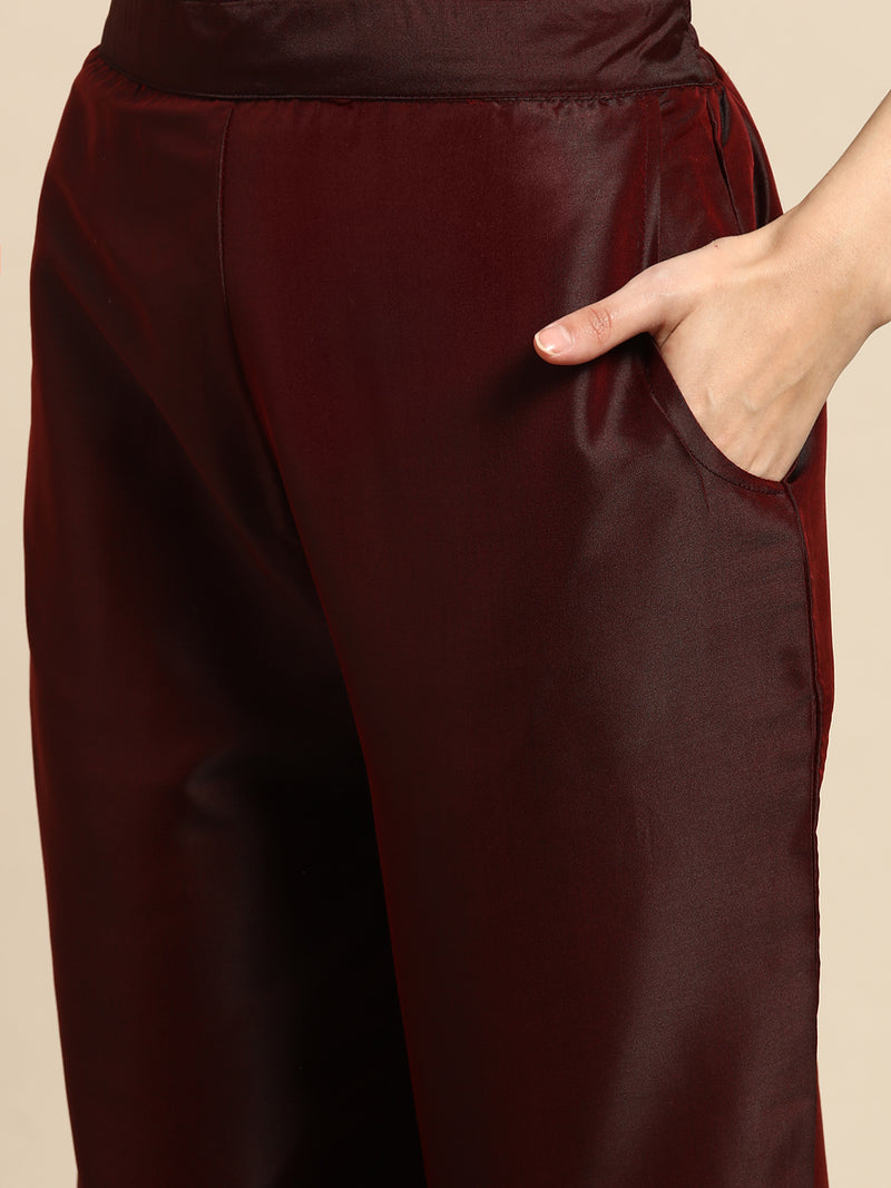 Maroon Printed Silk Blend Suit Set
