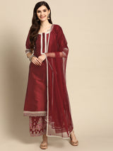 Maroon Solid Silk Blend Suit Set