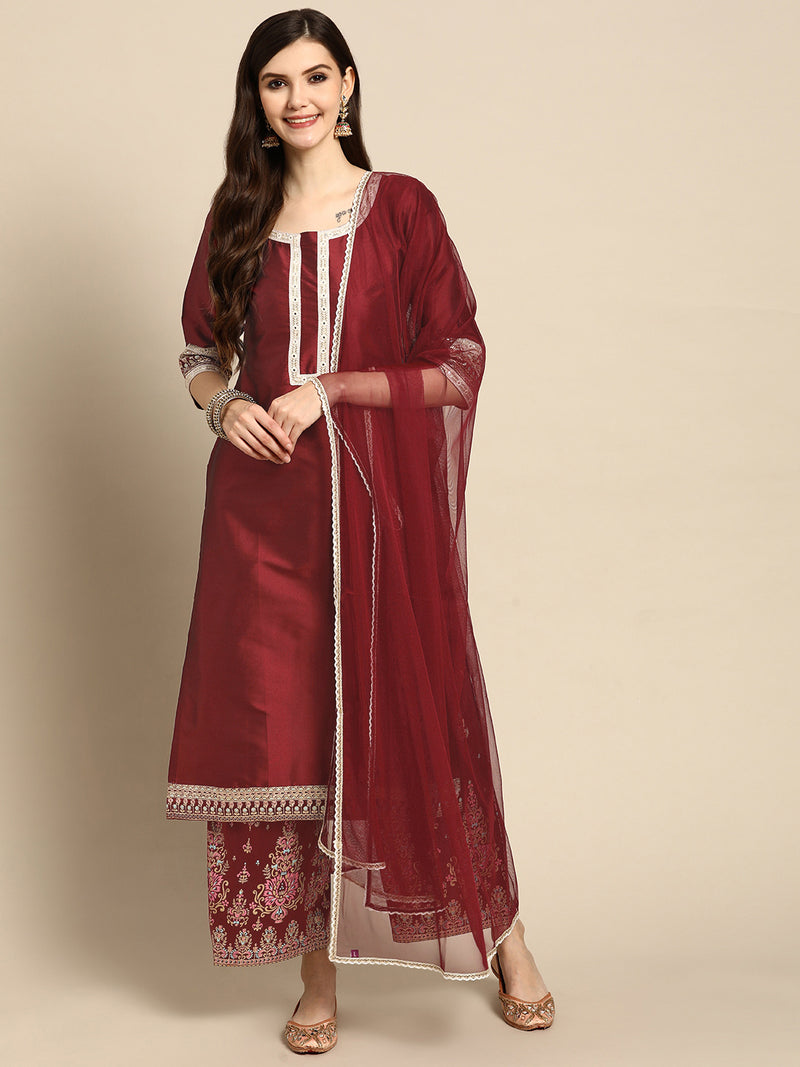 Maroon Solid Silk Blend Suit Set