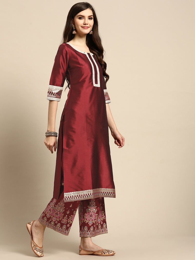 Maroon Solid Silk Blend Suit Set