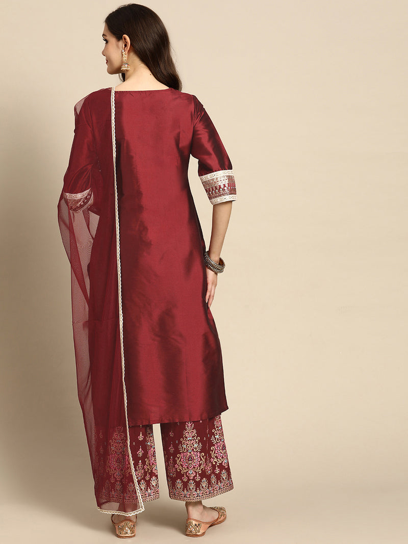 Maroon Solid Silk Blend Suit Set