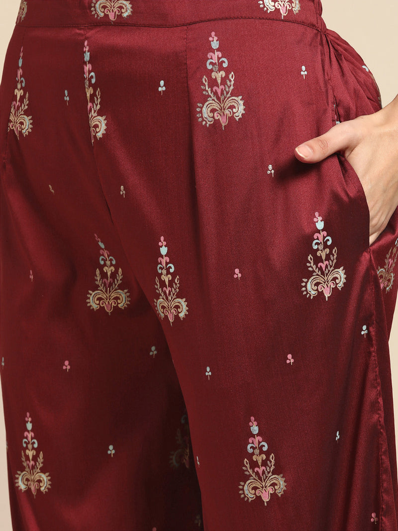 Maroon Solid Silk Blend Suit Set