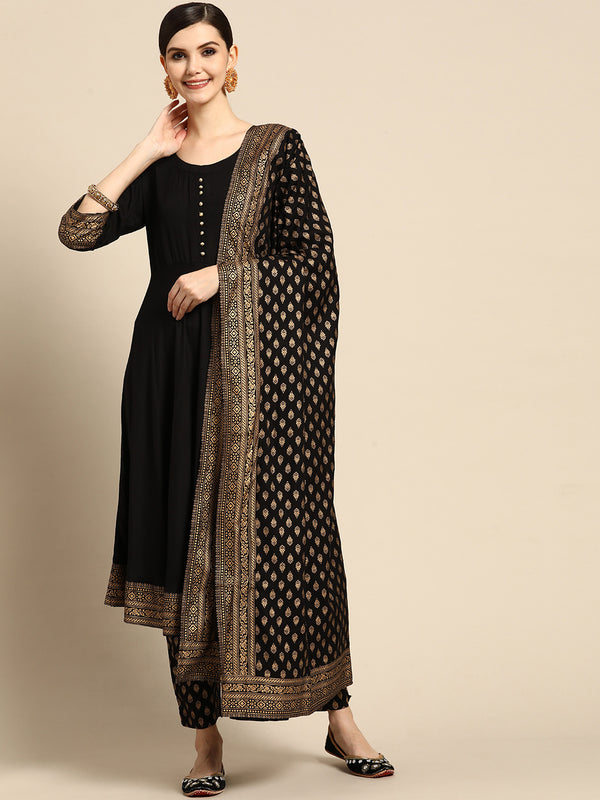 Black Printed Rayon Suit Set