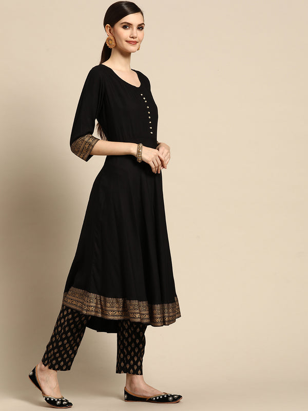 Black Printed Rayon Suit Set