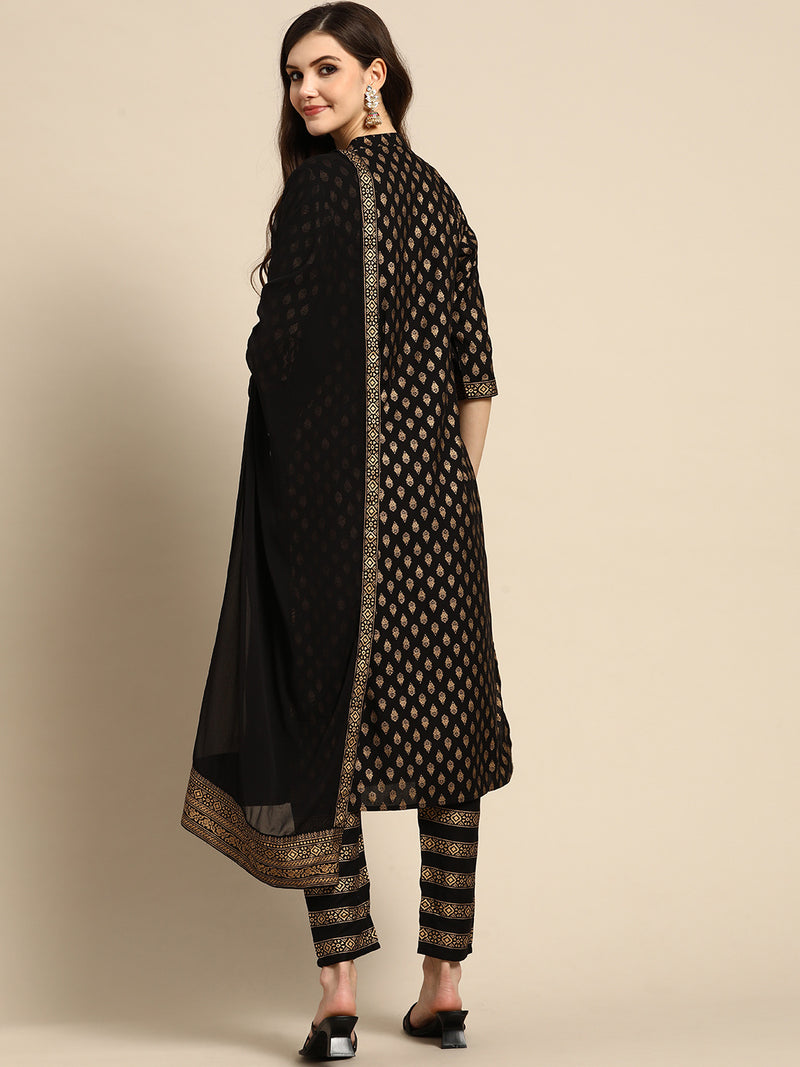 Black Printed Rayon Suit Set