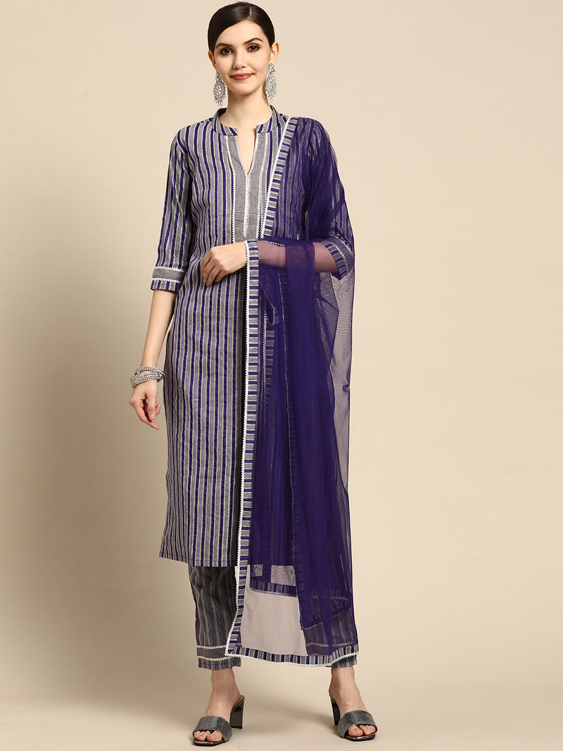 Purple Striped Cotton Blend Suit Set