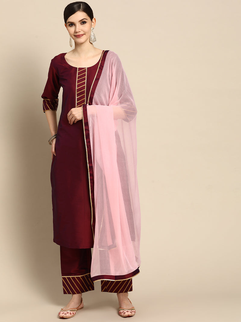 Burgundy Solid Silk Blend Suit Set