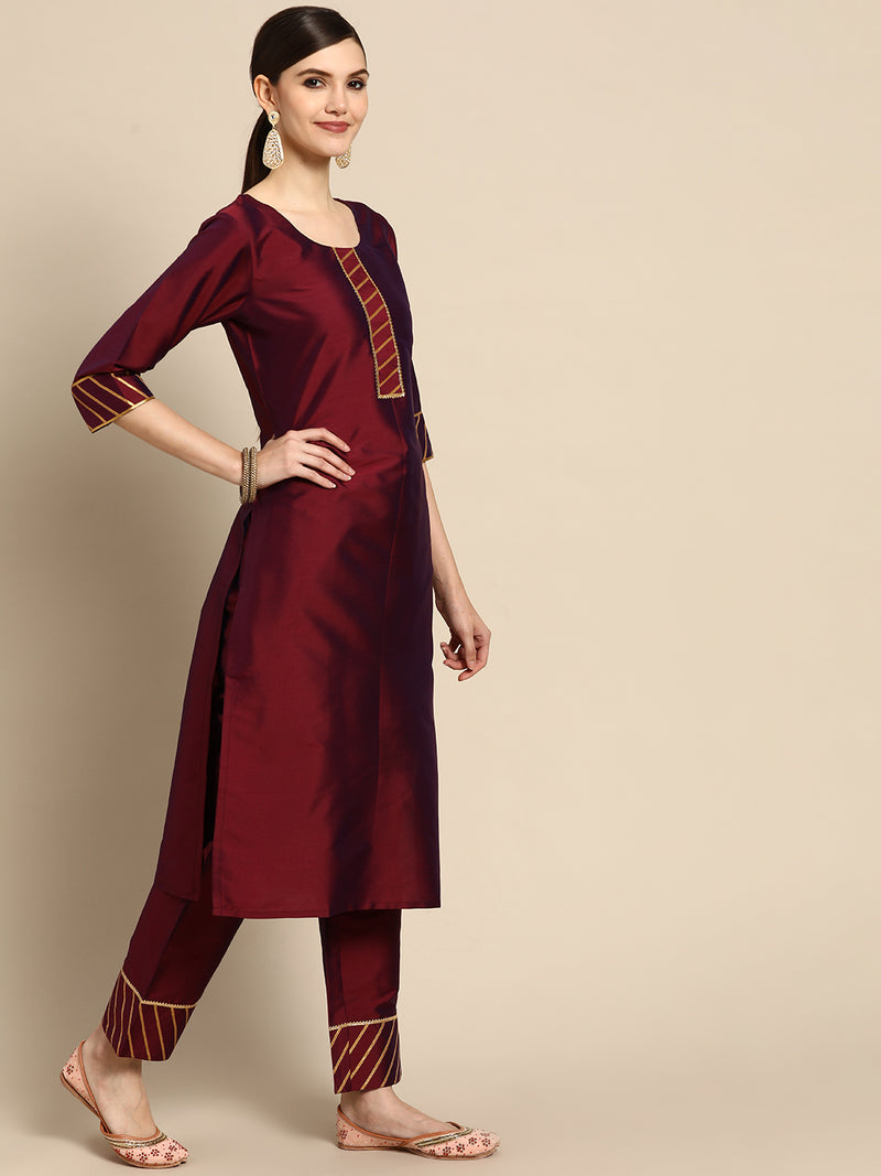 Burgundy Solid Silk Blend Suit Set