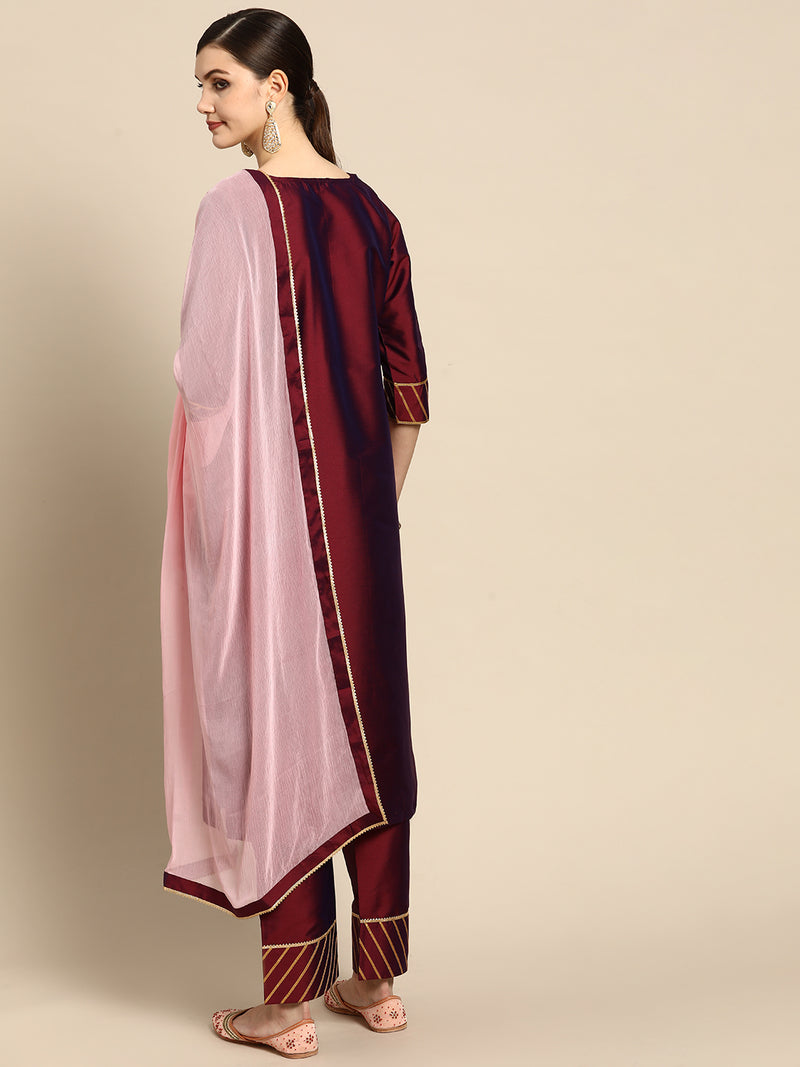 Burgundy Solid Silk Blend Suit Set